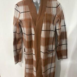 Max Studio Brown and Cream Plaid Long Cardigan